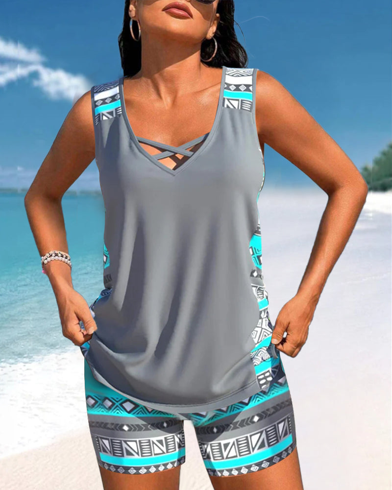 Vivido | Donna Tankini Geometrico Elegante con Scollatura a V | Colore Brillante e Intenso