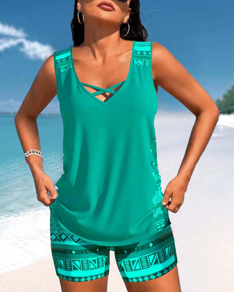 Vivido | Donna Tankini Geometrico Elegante con Scollatura a V | Colore Brillante e Intenso