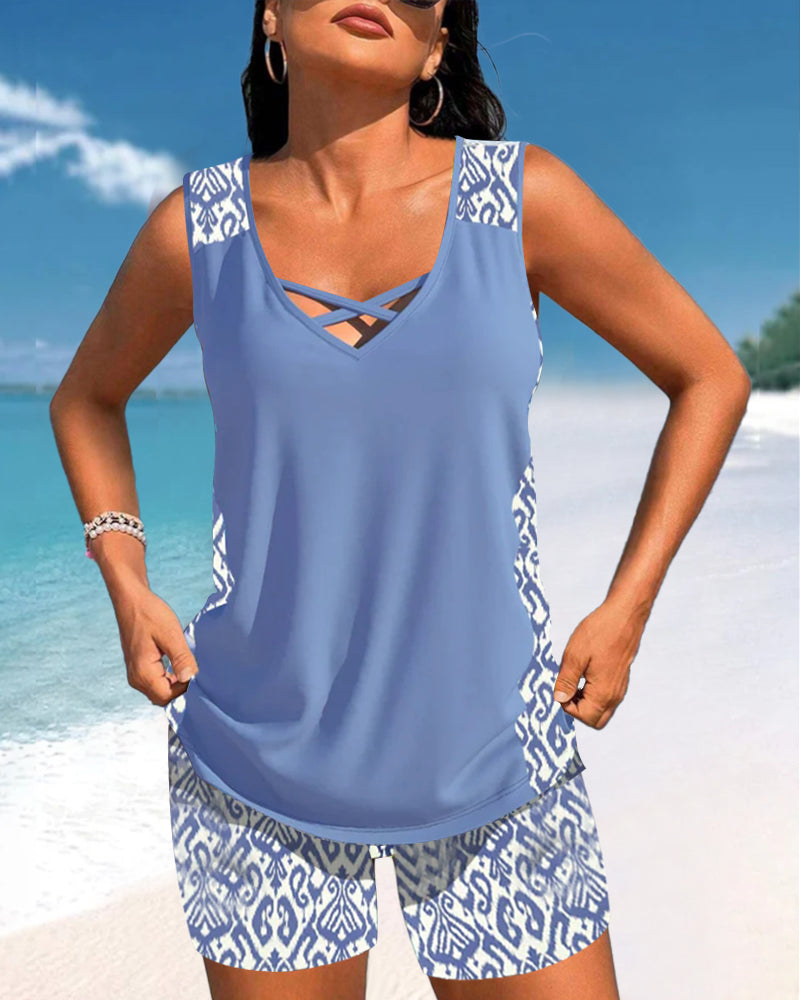 Vivido | Donna Tankini Geometrico Elegante con Scollatura a V | Colore Brillante e Intenso