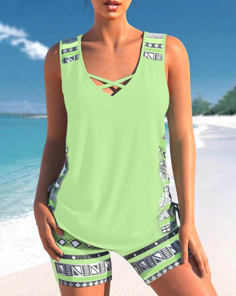 Vivido | Donna Tankini Geometrico Elegante con Scollatura a V | Colore Brillante e Intenso