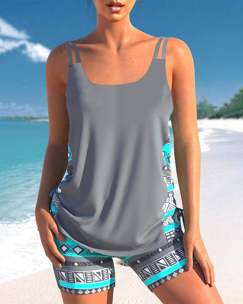 Vivido | Donna Tankini Geometrico Elegante con Scollatura a V | Colore Brillante e Intenso