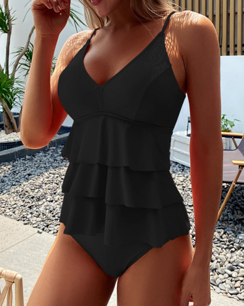 Onde di Mare | Tankini V-Collo con Volant per Donna | Design Monocromatico