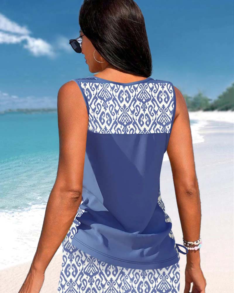 Vivido | Donna Tankini Geometrico Elegante con Scollatura a V | Colore Brillante e Intenso