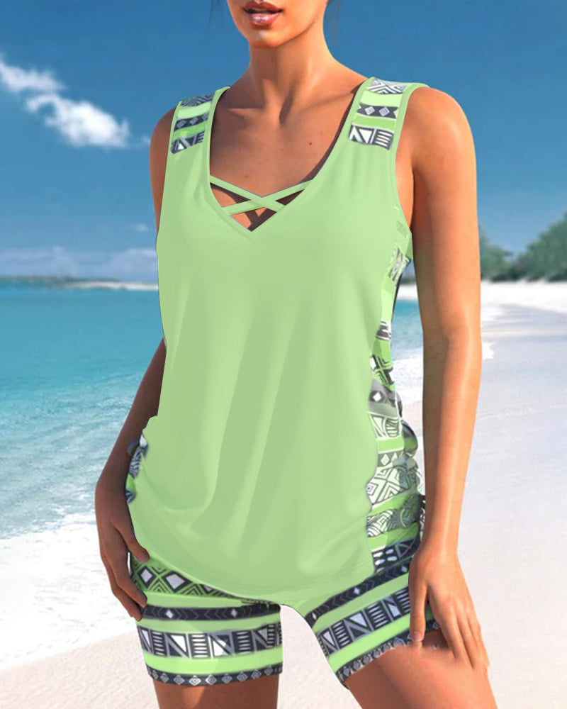 Vivido | Donna Tankini Geometrico Elegante con Scollatura a V | Colore Brillante e Intenso