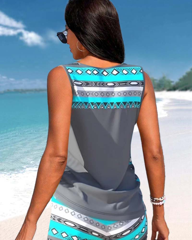 Vivido | Donna Tankini Geometrico Elegante con Scollatura a V | Colore Brillante e Intenso