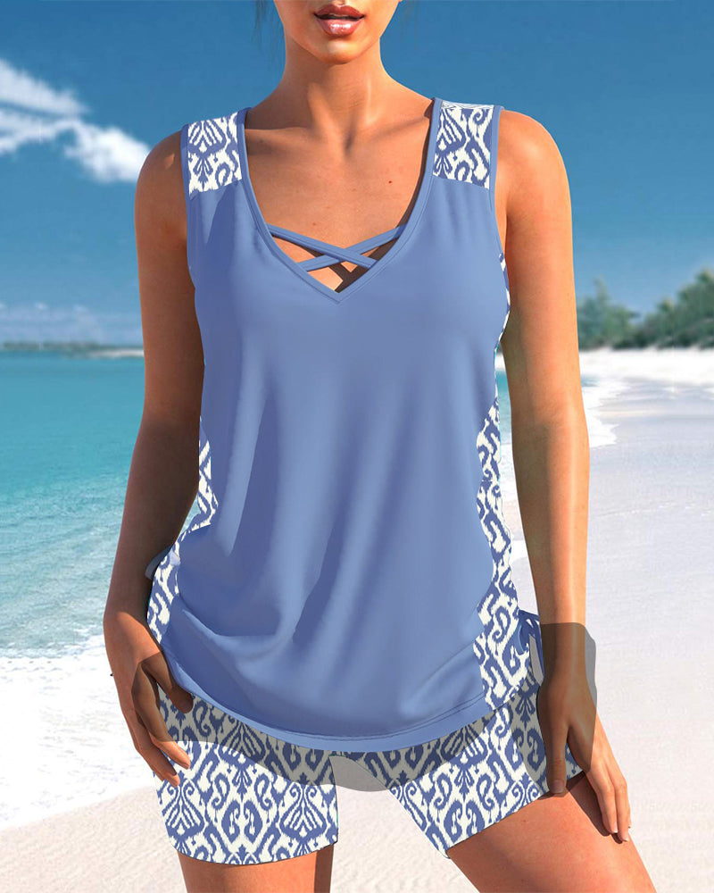 Vivido | Donna Tankini Geometrico Elegante con Scollatura a V | Colore Brillante e Intenso